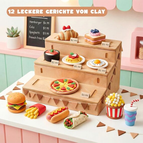 Shuttle Art Modelliermasse lufttrocknend Gerichte-Serie, 33 Stück lufttrocknende Knete Set zum Thema Gerichte, Air Dry Clay Set mit Modellierwerkzeuge, Zubehör, Anleitung, selbsttrocknender Ton Kinder