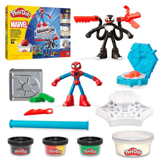 Play-Doh Marvel Spider-Man Netz-Action Set, 2 Spielfiguren und vielen Knetformen, 4 Dosen Modelliermasse in passenden Farben, kreatives für Kinder ab 3 Jahren
