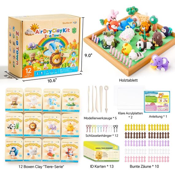 Shuttle Art Modelliermasse lufttrocknend Tiere-Serie, 55 Stück lufttrocknende Knete Set zum Thema Tiere, Air Dry Clay Set mit Modellierwerkzeugen, Zubehör, Anleitung, selbsttrocknender Ton für Kinder