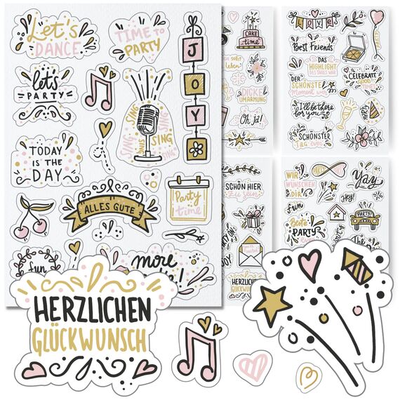 Sticker Geburtstag by snaPmee - Aufkleber für Gästebuch, Fotoalbum & Geschenke - Party-Deko für Erwachsene & Kinder - Set mit 133 Motiven auf 8 Bögen DIN-A5 (Party Gold)