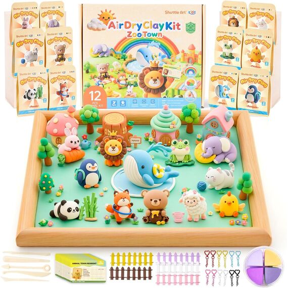 Shuttle Art Modelliermasse lufttrocknend Tiere-Serie, 55 Stück lufttrocknende Knete Set zum Thema Tiere, Air Dry Clay Set mit Modellierwerkzeugen, Zubehör, Anleitung, selbsttrocknender Ton für Kinder