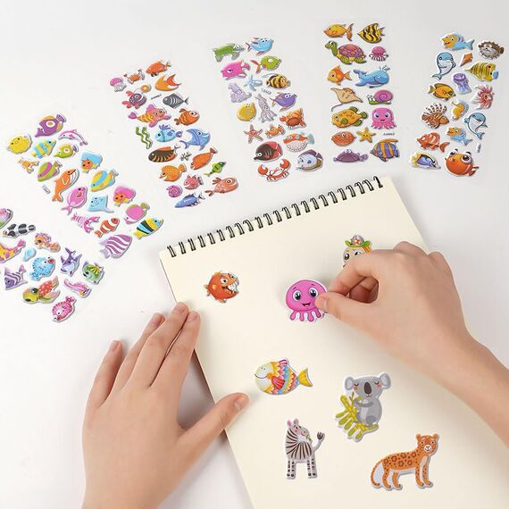 Vicloon 3D Aufkleber, 24 Blätter 380+ Verschiedene 3D Stickers Geschwollene, Aufkleber Einschließlich Unterwasserfische, Zeichentricktiere und Mehr