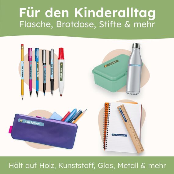 melu kids® Namensaufkleber Kinder für Schule & Kita (75 Stück) - Personalisierte Aufkleber mit Namen für Stifte und alle Schulsachen - Wasserfest in Spülmaschine (Aqua)