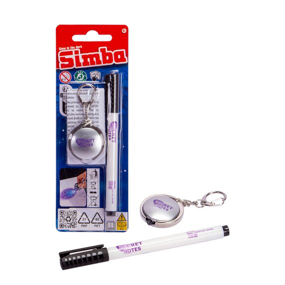 Simba Secret Notes Stift + UV-Leuchte – Geheimstift mit unsichtbarer Tinte & UV-Licht, zum Schreiben und Entschlüsseln geheimer Botschaften, Kreativspielzeug für Kinder ab 3 Jahren