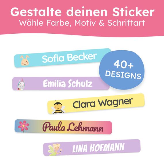 melu kids® Namensaufkleber Kinder für Schule & Kita (150 Stück) - Personalisierte Aufkleber mit Namen für Stifte und alle Schulsachen - Wasserfest in Spülmaschine (Bonbon)