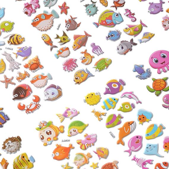 Vicloon 3D Aufkleber, 24 Blätter 380+ Verschiedene 3D Stickers Geschwollene, Aufkleber Einschließlich Unterwasserfische, Zeichentricktiere und Mehr