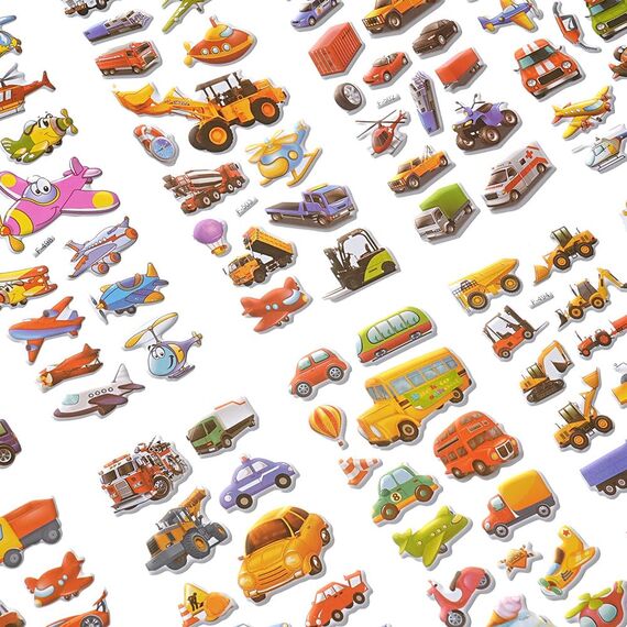Vicloon 3D Aufkleber, 24 Blätter 350+ Verschiedene 3D Stickers Geschwollene, Aufkleber Einschließlich Busse, Baufahrzeuge und Mehr