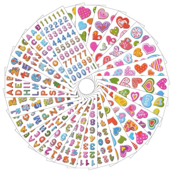 Vicloon 3D Aufkleber, 24 Blätter 550+ Verschiedene 3D Stickers Geschwollene, Aufkleber Einschließlich Zahlen, Buchstaben, Herzen und Mehr