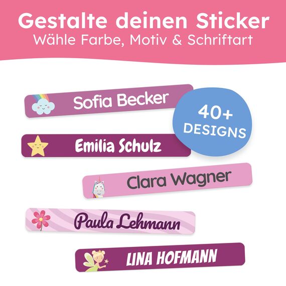 melu kids® Namensaufkleber Kinder für Schule & Kita (150 Stück) - Personalisierte Aufkleber mit Namen für Stifte und alle Schulsachen - Wasserfest in Spülmaschine (Lila)