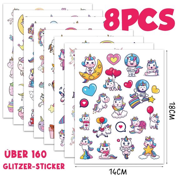 Einhorn Glitzersticker Über 160 Stück, Glitzer Sticker, Einhorn Geschenk für Mädchen Einschulung, Schultüte Füllung