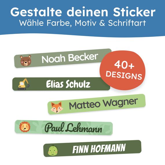melu kids® Namensaufkleber Kinder für Schule & Kita (75 Stück) - Personalisierte Aufkleber mit Namen für Stifte und alle Schulsachen - Wasserfest in Spülmaschine (Grün)