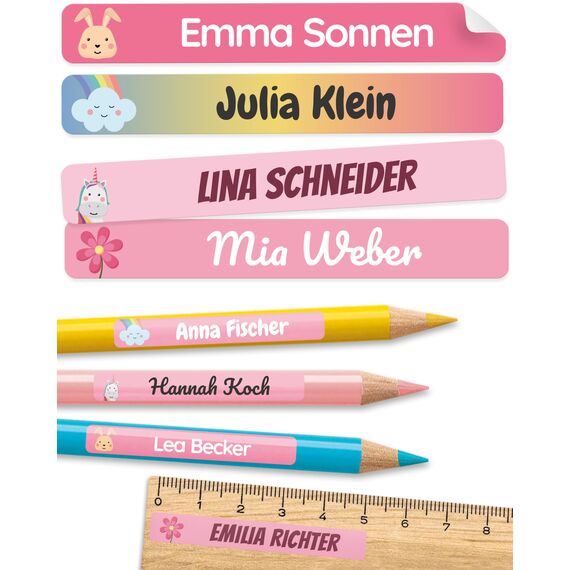 melu kids® Namensaufkleber Kinder für Schule & Kita (75 Stück) - Personalisierte Aufkleber mit Namen für Stifte und alle Schulsachen - Wasserfest in Spülmaschine (Himbeerrosa)