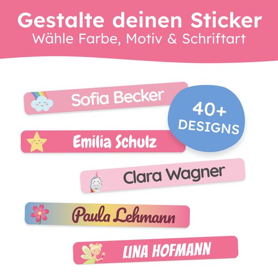 melu kids® Namensaufkleber Kinder für Schule & Kita (75 Stück) - Personalisierte Aufkleber mit Namen für Stifte und alle Schulsachen - Wasserfest in Spülmaschine (Himbeerrosa)