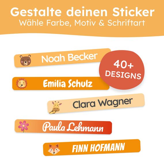 melu kids® Namensaufkleber Kinder für Schule & Kita (75 Stück) - Personalisierte Aufkleber mit Namen für Stifte und alle Schulsachen - Wasserfest in Spülmaschine (Orange)