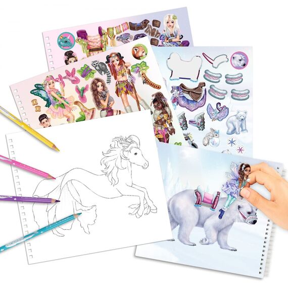 Depesche 12072 TOPModel Iceworld Create your Fantasy Friend - Mal- und Stickerbuch mit 24 Seiten zum Gestalten fantastischer Wesen, Malheft mit Stickerbogen und Spiralbindung