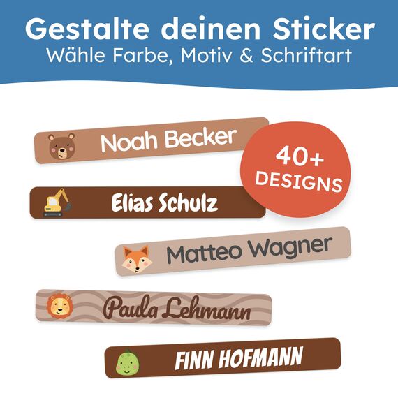 melu kids® Namensaufkleber Kinder für Schule & Kita (75 Stück) - Personalisierte Aufkleber mit Namen für Stifte und alle Schulsachen - Wasserfest in Spülmaschine (Zimtbraun)