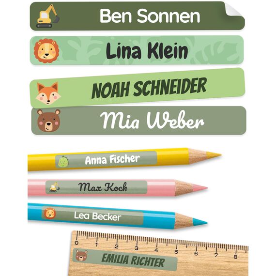 melu kids® Namensaufkleber Kinder für Schule & Kita (150 Stück) - Personalisierte Aufkleber mit Namen für Stifte und alle Schulsachen - Wasserfest in Spülmaschine (Grün)