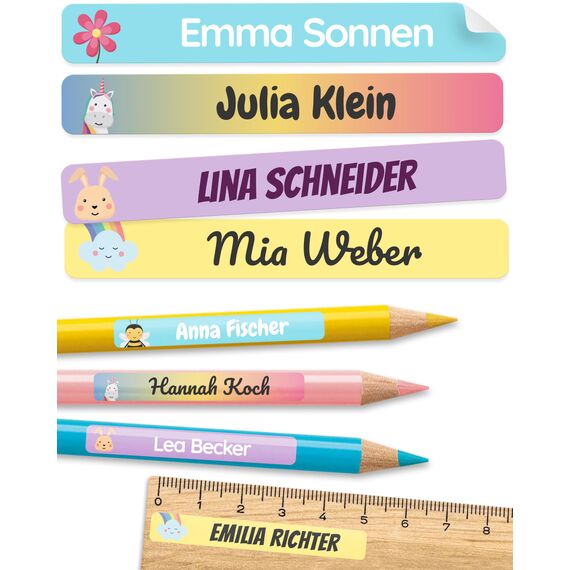 melu kids® Namensaufkleber Kinder für Schule & Kita (225 Stück) - Personalisierte Aufkleber mit Namen für Stifte und alle Schulsachen - Wasserfest in Spülmaschine (Bonbon)