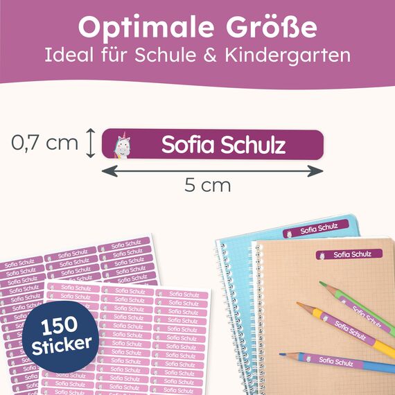 melu kids® Namensaufkleber Kinder für Schule & Kita (150 Stück) - Personalisierte Aufkleber mit Namen für Stifte und alle Schulsachen - Wasserfest in Spülmaschine (Lila)