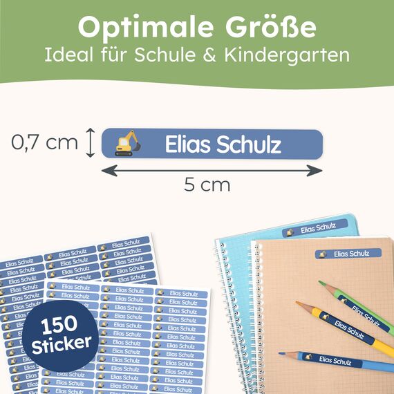melu kids® Namensaufkleber Kinder für Schule & Kita (150 Stück) - Personalisierte Aufkleber mit Namen für Stifte und alle Schulsachen - Wasserfest in Spülmaschine (Mitternachtsblau)