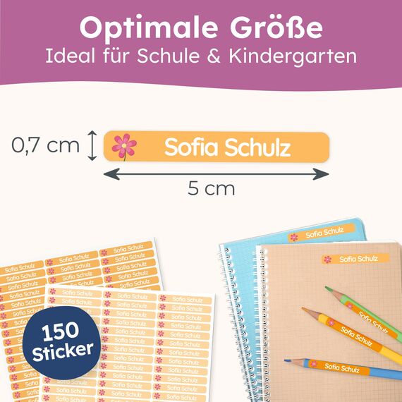 melu kids® Namensaufkleber Kinder für Schule & Kita (150 Stück) - Personalisierte Aufkleber mit Namen für Stifte und alle Schulsachen - Wasserfest in Spülmaschine (Orange)