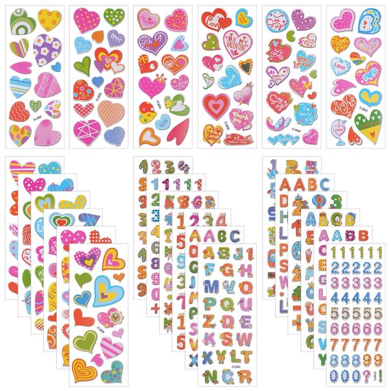 Vicloon 3D Aufkleber, 24 Blätter 550+ Verschiedene 3D Stickers Geschwollene, Aufkleber Einschließlich Zahlen, Buchstaben, Herzen und Mehr