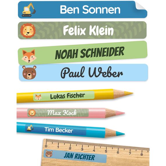 melu kids® Namensaufkleber Kinder für Schule & Kita (75 Stück) - Personalisierte Aufkleber mit Namen für Stifte und alle Schulsachen - Wasserfest in Spülmaschine (Aqua)