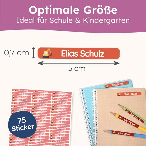 melu kids® Namensaufkleber Kinder für Schule & Kita (75 Stück) - Personalisierte Aufkleber mit Namen für Stifte und alle Schulsachen - Wasserfest in Spülmaschine (Rot)