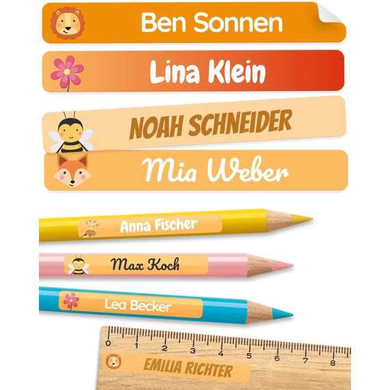melu kids® Namensaufkleber Kinder für Schule & Kita (75 Stück) - Personalisierte Aufkleber mit Namen für Stifte und alle Schulsachen - Wasserfest in Spülmaschine (Orange)