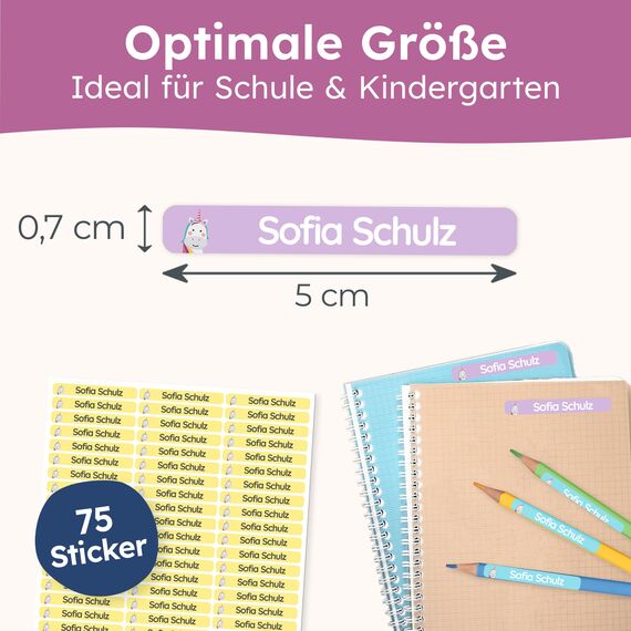 melu kids® Namensaufkleber Kinder für Schule & Kita (75 Stück) - Personalisierte Aufkleber mit Namen für Stifte und alle Schulsachen - Wasserfest in Spülmaschine (Bonbon)