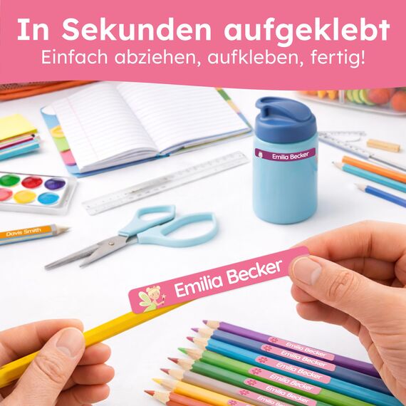 melu kids® Namensaufkleber Kinder für Schule & Kita (150 Stück) - Personalisierte Aufkleber mit Namen für Stifte und alle Schulsachen - Wasserfest in Spülmaschine (Lila)