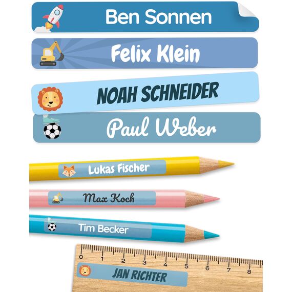 melu kids® Namensaufkleber Kinder für Schule & Kita (75 Stück) - Personalisierte Aufkleber mit Namen für Stifte und alle Schulsachen - Wasserfest in Spülmaschine (Himmelblau)