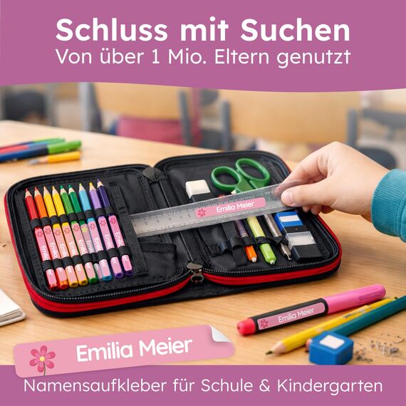 melu kids® Namensaufkleber Kinder für Schule & Kita (75 Stück) - Personalisierte Aufkleber mit Namen für Stifte und alle Schulsachen - Wasserfest in Spülmaschine (Lila)