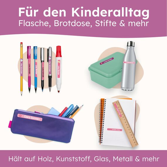melu kids® Namensaufkleber Kinder für Schule & Kita (150 Stück) - Personalisierte Aufkleber mit Namen für Stifte und alle Schulsachen - Wasserfest in Spülmaschine (Bonbon)
