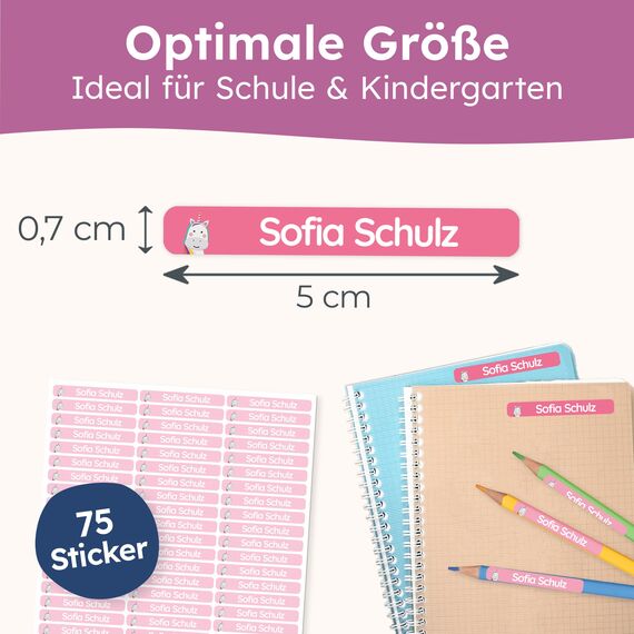 melu kids® Namensaufkleber Kinder für Schule & Kita (75 Stück) - Personalisierte Aufkleber mit Namen für Stifte und alle Schulsachen - Wasserfest in Spülmaschine (Himbeerrosa)