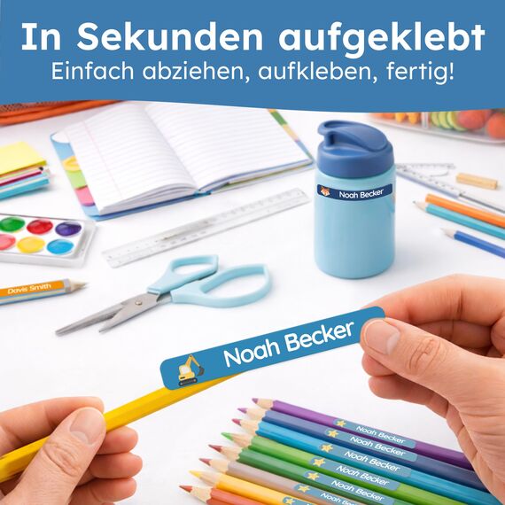 melu kids® Namensaufkleber Kinder für Schule & Kita (75 Stück) - Personalisierte Aufkleber mit Namen für Stifte und alle Schulsachen - Wasserfest in Spülmaschine (Aqua)