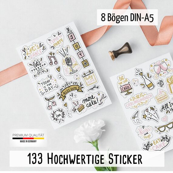 Sticker Geburtstag by snaPmee - Aufkleber für Gästebuch, Fotoalbum & Geschenke - Party-Deko für Erwachsene & Kinder - Set mit 133 Motiven auf 8 Bögen DIN-A5 (Party Gold)