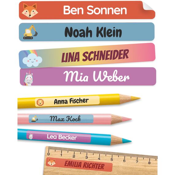 melu kids® Namensaufkleber Kinder für Schule & Kita (75 Stück) - Personalisierte Aufkleber mit Namen für Stifte und alle Schulsachen - Wasserfest in Spülmaschine (Bunter Mix)