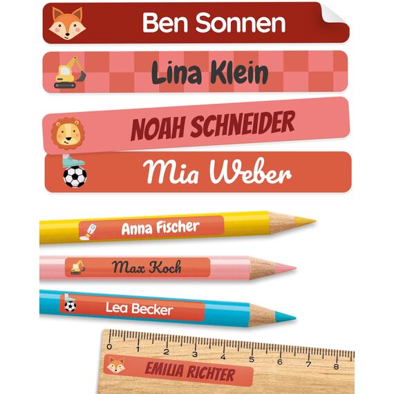 melu kids® Namensaufkleber Kinder für Schule & Kita (150 Stück) - Personalisierte Aufkleber mit Namen für Stifte und alle Schulsachen - Wasserfest in Spülmaschine (Rot)