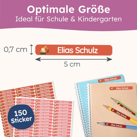 melu kids® Namensaufkleber Kinder für Schule & Kita (150 Stück) - Personalisierte Aufkleber mit Namen für Stifte und alle Schulsachen - Wasserfest in Spülmaschine (Rot)