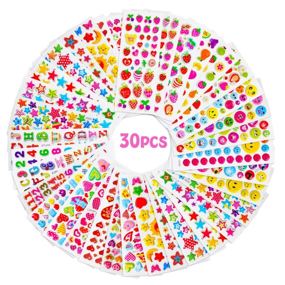 Vicloon 3D Aufkleber für Kinder, 30 Verschiedene 3D Stickers 500+ Geschwollene Aufkleber für Jungen Mädchen and Lehrer Belohnungssticker