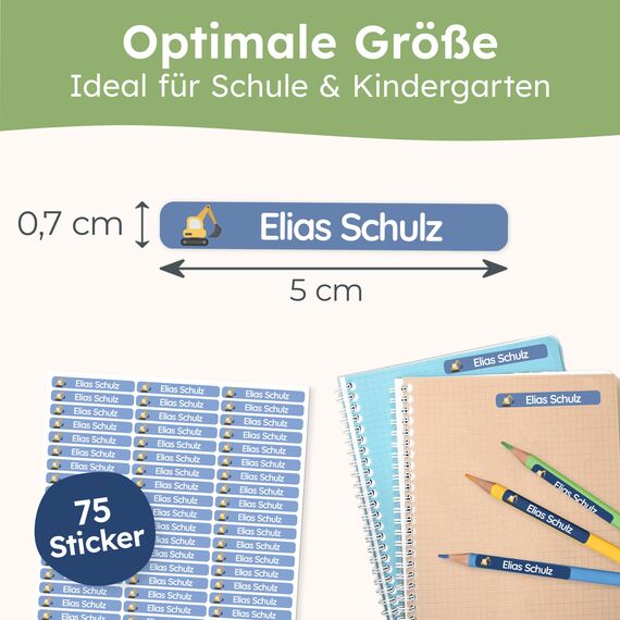 melu kids® Namensaufkleber Kinder für Schule & Kita (75 Stück) - Personalisierte Aufkleber mit Namen für Stifte und alle Schulsachen - Wasserfest in Spülmaschine (Mitternachtsblau)