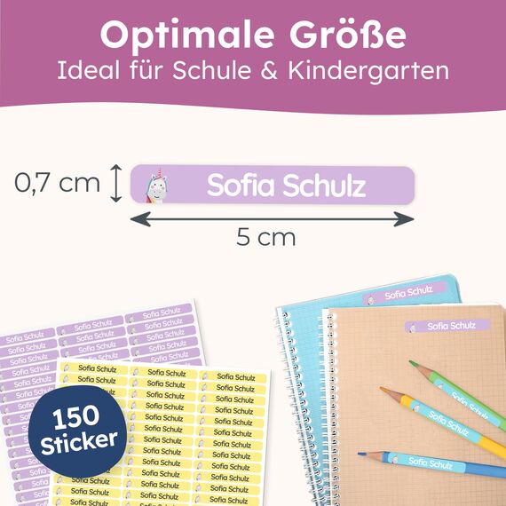 melu kids® Namensaufkleber Kinder für Schule & Kita (150 Stück) - Personalisierte Aufkleber mit Namen für Stifte und alle Schulsachen - Wasserfest in Spülmaschine (Bonbon)