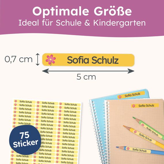 melu kids® Namensaufkleber Kinder für Schule & Kita (75 Stück) - Personalisierte Aufkleber mit Namen für Stifte und alle Schulsachen - Wasserfest in Spülmaschine (Primelgelb)