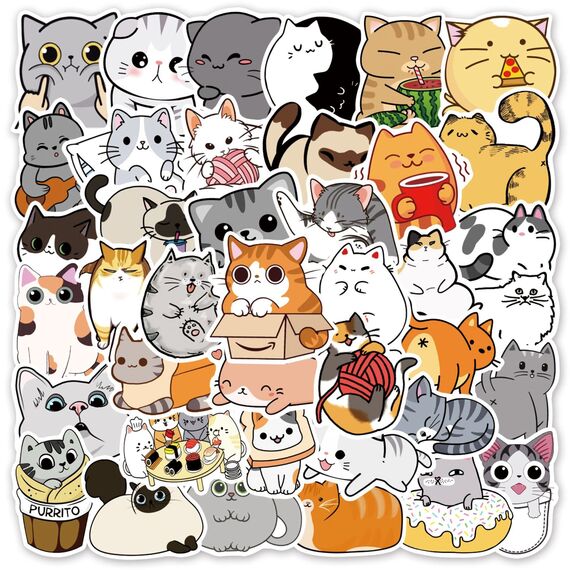 50 Stück Katze Aufkleber für Laptop, Stoßstange, Skateboard, Wasserflaschen, Computer, Telefon, Gitarre, Cartoon-Aufkleber für Kinder, Teenager und Erwachsene