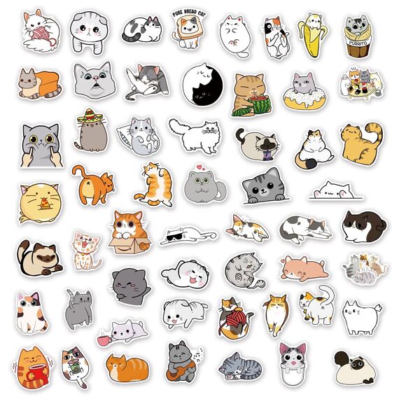 50 Stück Katze Aufkleber für Laptop, Stoßstange, Skateboard, Wasserflaschen, Computer, Telefon, Gitarre, Cartoon-Aufkleber für Kinder, Teenager und Erwachsene