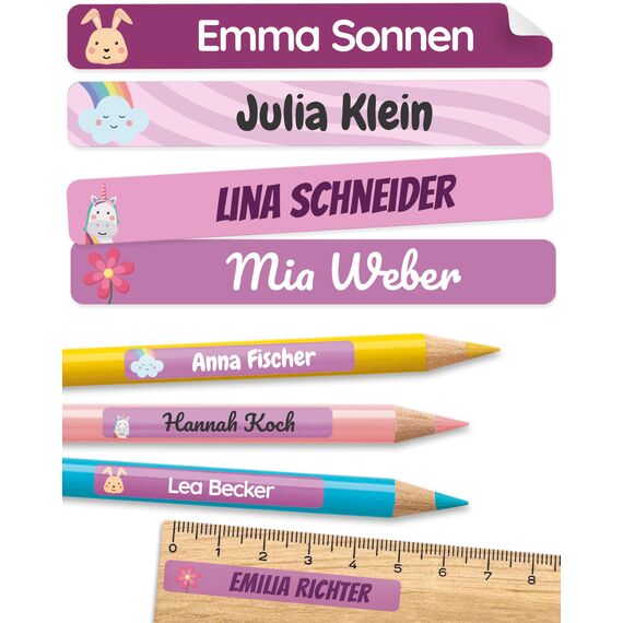 melu kids® Namensaufkleber Kinder für Schule & Kita (150 Stück) - Personalisierte Aufkleber mit Namen für Stifte und alle Schulsachen - Wasserfest in Spülmaschine (Lila)