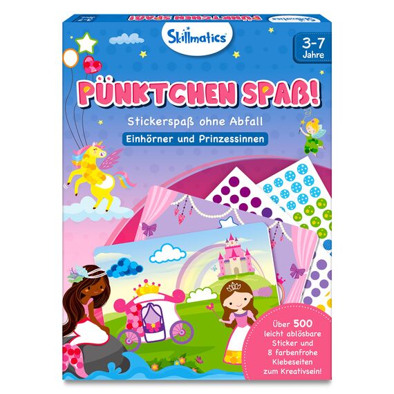 Skillmatics Bastelaktivität - Pünktchen spaß!, Stickerkunst ohne Saubermachen, Geschenke für Kinder von 3 bis 7, Vervollständige 8 Bilder voller Prinzessinnen & Einhörner