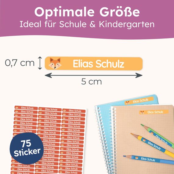 melu kids® Namensaufkleber Kinder für Schule & Kita (75 Stück) - Personalisierte Aufkleber mit Namen für Stifte und alle Schulsachen - Wasserfest in Spülmaschine (Bunter Mix)