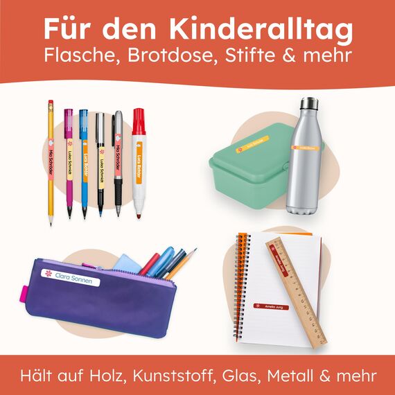 melu kids® Namensaufkleber Kinder für Schule & Kita (75 Stück) - Personalisierte Aufkleber mit Namen für Stifte und alle Schulsachen - Wasserfest in Spülmaschine (Orange)